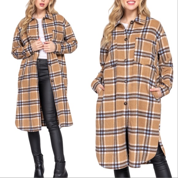 WOOL PLAID LONG SHACKET - TAUPE LIGHT BLUE - Picture 4 of 4